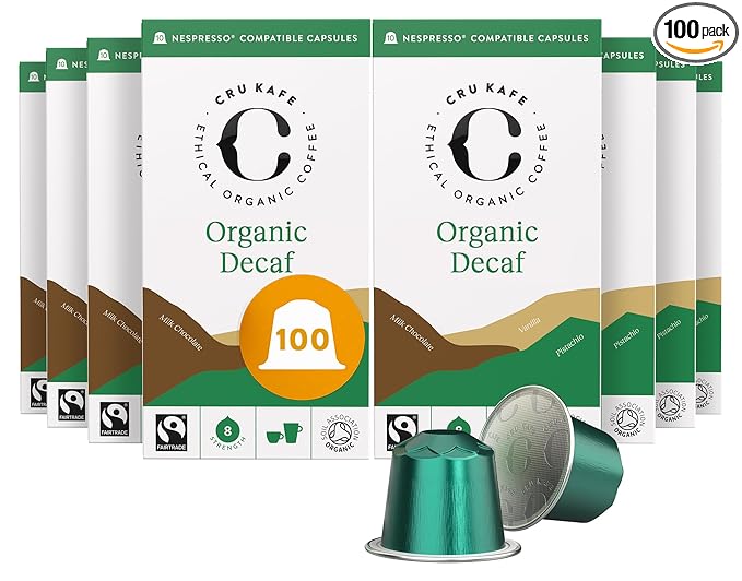 Cru Kafe Decaf USDA Organic Espresso Coffee Capsules (100 Pods) Fairtrade Coffee Pods Compatible
