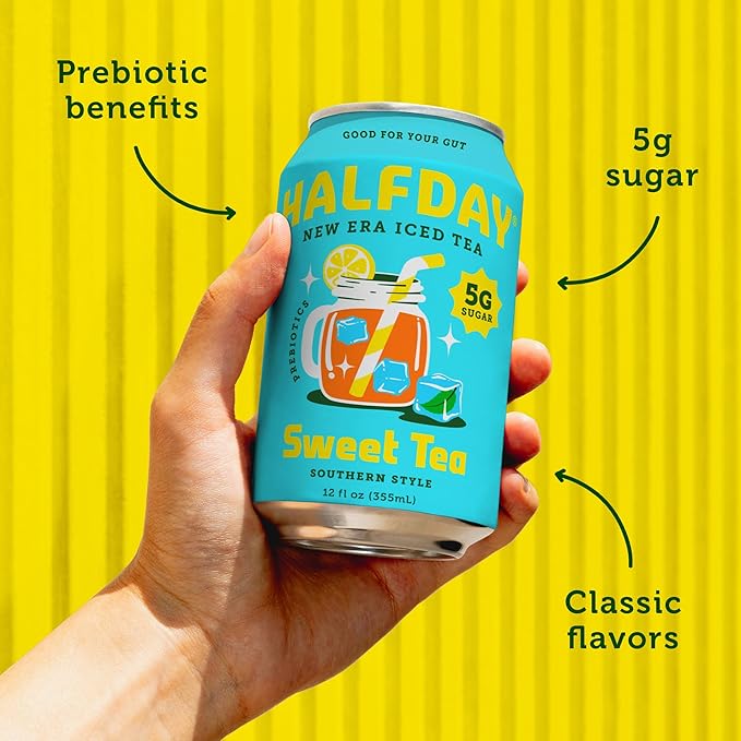 HALFDAY Prebiotic Sweet Tea Iced Tea Cans, Supports Digestive & Gut Health, 6g Plant Fiber &