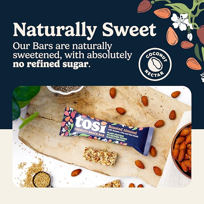 Tosi Almond Protein Bars, Plant Based with Nuts, Gluten-Free Crunchy Snacks, Vegan, Organic, Flax &