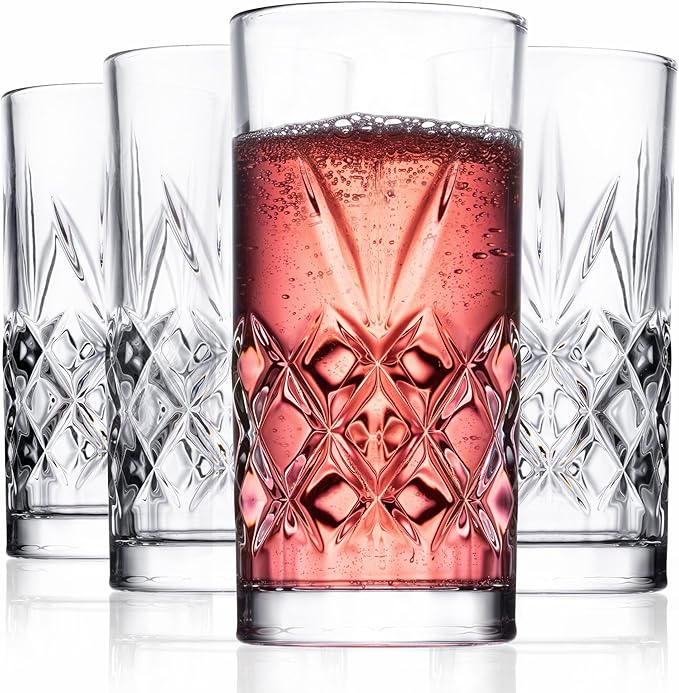 Royalty Art Kinsley Tall Highball Glasses Set of 4, 12 Ounce Cups, Textured Designer Glassware for