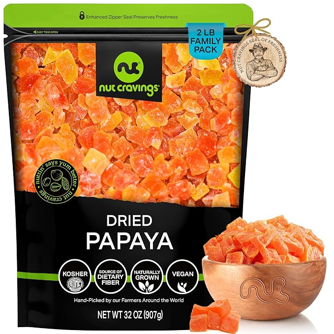 NUT CRAVINGS - Sun Dried Papaya Chunks, Lightly Sweetened (32oz, 2 LB) Bulk Dry Fruits Packed Fresh