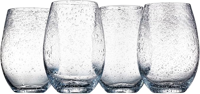 Artland Stemless Wine Glass, Set of 4 | Iris Seeded Design, Clear | Drinking Glass for Parties and