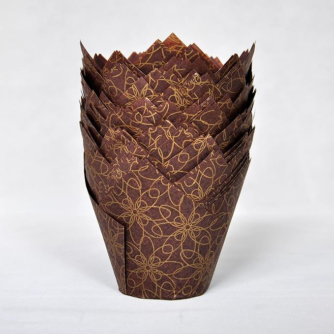 (JUMBO Large size) Brown Golden pattern Tulip Baking Cups 2-1/4"(Base diameter) x 3-3/4"(Wall