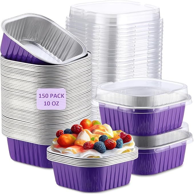 Aoriher 150 Pieces 10 oz Mini Cake Pans with Lids Aluminum Foil Baking Cups Square Disposable 4" x
