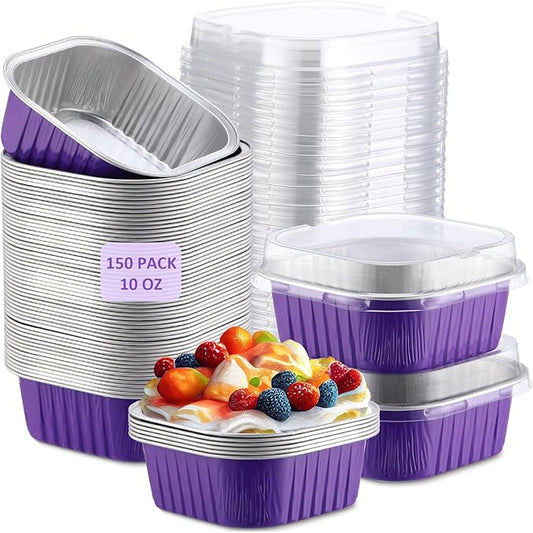 Aoriher 150 Pieces 10 oz Mini Cake Pans with Lids Aluminum Foil Baking Cups Square Disposable 4" x