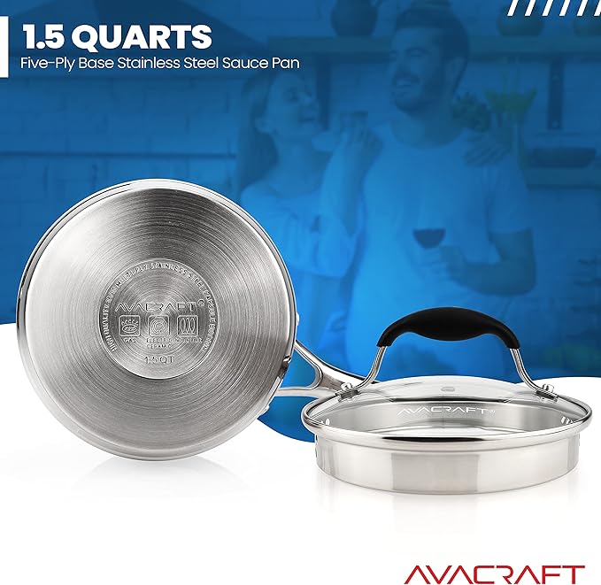 AVACRAFT Multipurpose Sauce Pan/Pot, Stainless Steel with Glass Strainer Lid, Two Side Spouts for