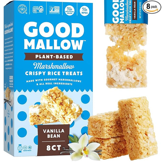 GoodMallow Vegan Rice Crispy Treats Individually Wrapped Box of 8, Kosher Vegan Snacks, Gluten Free