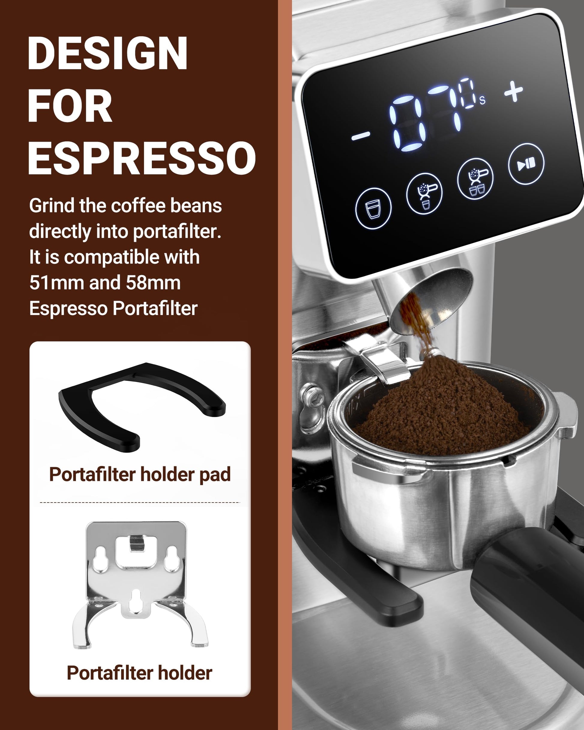 AMZCHEF Burr Coffee Grinder, 48 Settings, Less Static Mess, Metallic Silver