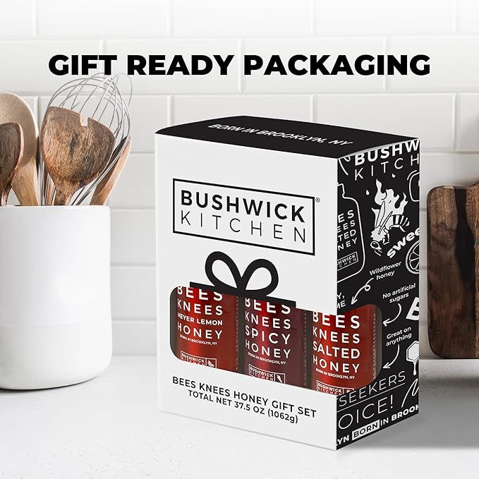 Bushwick Kitchen Bees Knees Honey Sampler Gift Box, Set Includes Spicy Honey, Meyer Lemon Honey
