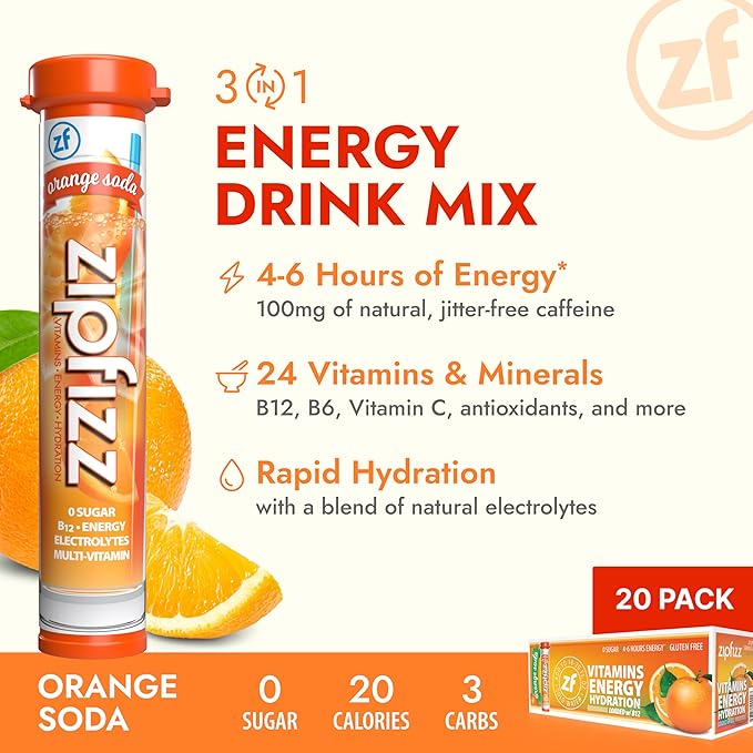 Zipfizz Daily Energy Drink Powder, Orange Soda, 12 Pack | 3-in-1 Sustained Energy, Rapid Hydration