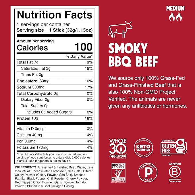 Chomps Grass-Fed and Finished Smoky BBQ Beef Jerky Snack Sticks 10-Pack - Keto, Paleo, Whole30, 10g