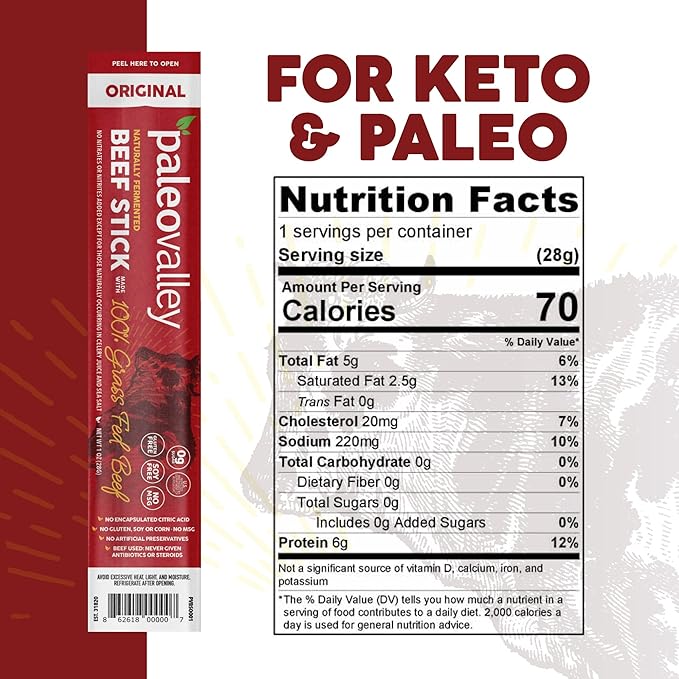 Paleovalley 100% Grass Fed Original Beef Sticks - Delicious Gluten Free Beef Snack - High Protein
