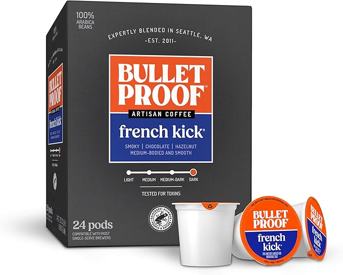 Bulletproof French Kick Dark Roast Single Serve Pods, 24 Count, 100% Arabica Coffee, Clean Coffee