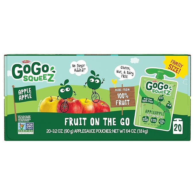 GoGo squeeZ Applesauce and Fruit Puree, Apple Apple, 3.2 oz (Pack of 20), Unsweetened Fruit Snacks