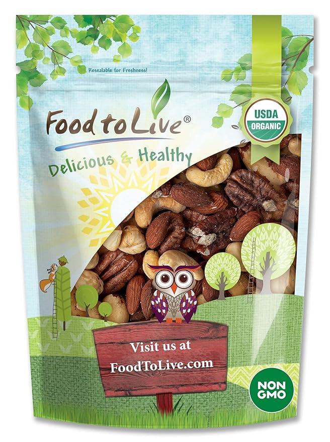 Food to Live Organic Deluxe Unsalted Nuts Mix, 8 Ounces - A Blend of Dry Roasted Organic Raw