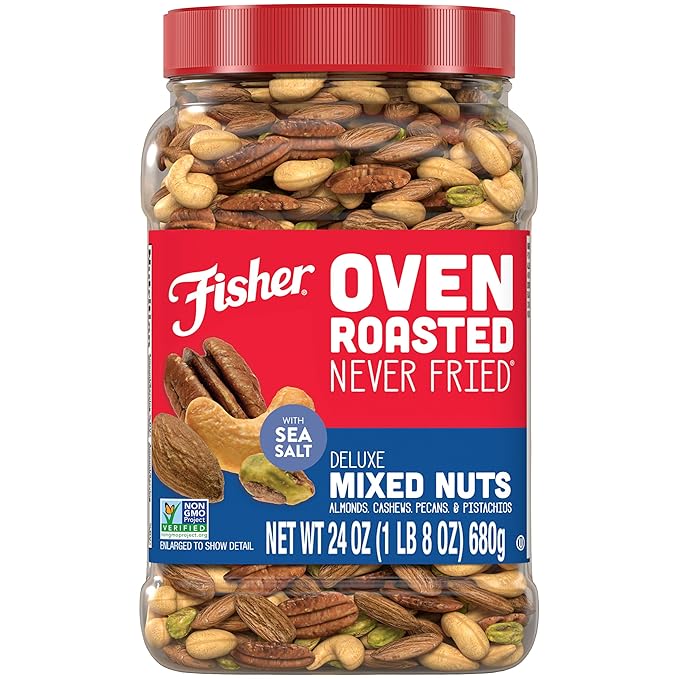 Fisher Oven Roasted Never Fried Deluxe Mixed Nuts, 24 Ounces (Pack of 1), Almonds, Cashews, Pecans