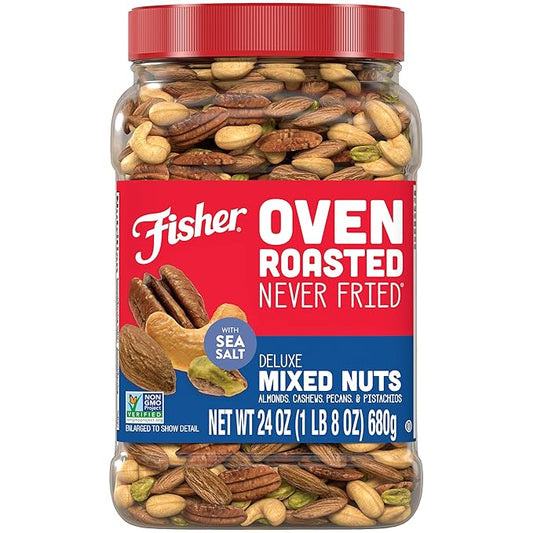 Fisher Oven Roasted Never Fried Deluxe Mixed Nuts, 24 Ounces (Pack of 1), Almonds, Cashews, Pecans