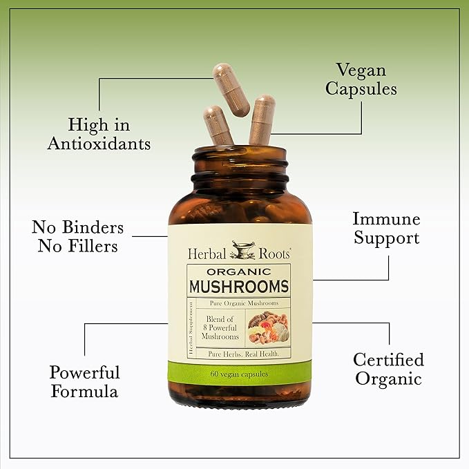 Herbal Roots Organic 8 Mushroom Blend Supplement Capsules - 100% Fruiting Body Extracts - Wellness