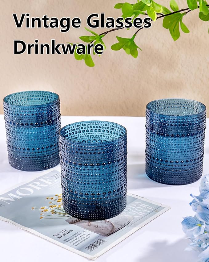YOUBET 24PCS Plastic Drinking Glasses - 14OZ Blue Hobnail Drinkware Glasses - Vintage Glassware