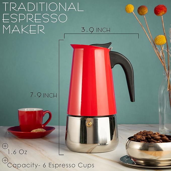 Mixpresso Red 6 Cup Greca Stovetop Espresso Pot 300ml/10oz, Moka Pot with Coffee Percolator Design