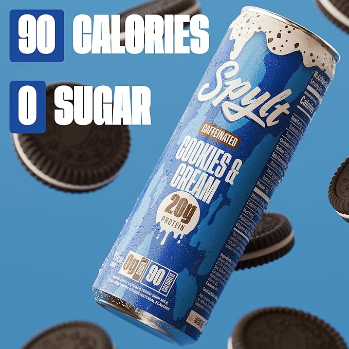 Spylt High Protein Cookies & Cream Milk with 60mg Caffeine & 20g Protein - 90 Calories, Ready to