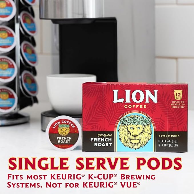 Lion Coffee French Roast Coffee Pods - Single-Serve Pods - Bold Dark Roast - Arabica Coffee