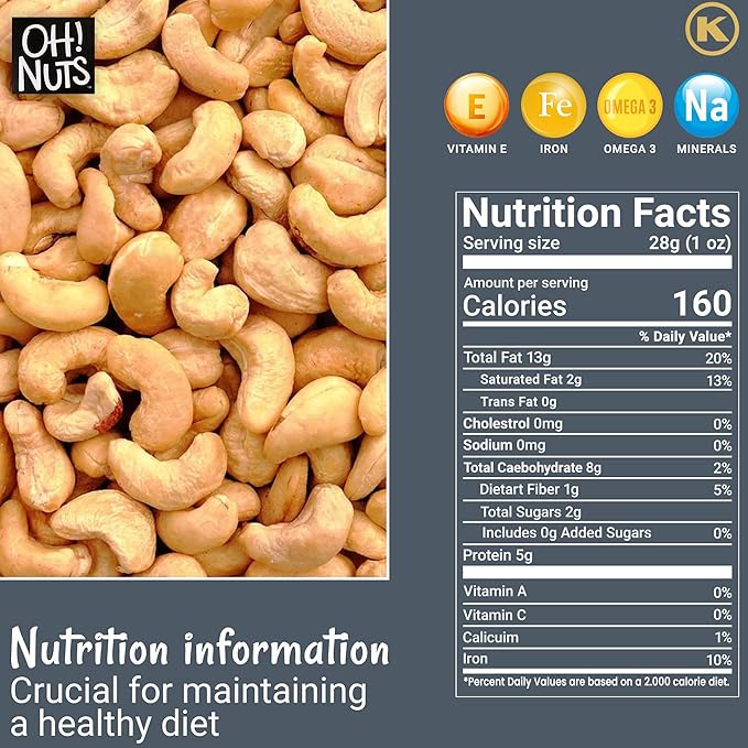 Oh! Nuts Cashews Roasted Unsalted - 2 lb - Dry Roasted Unsalted Cashews - Packed in New York
