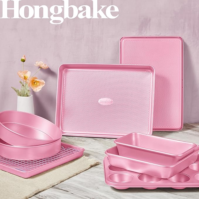 HONGBAKE 9-Piece Baking Pans Set Nonstick, Stackable Non Toxic Bakeware Sets with Diamond Texture
