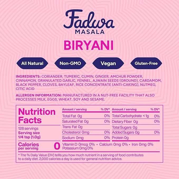Fadwa Masala Biryani Spice Mix - 4.5 oz Jar, Salt & Sugar Free, Non-Spicy Authentic Desi Spices for