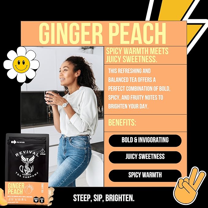 Revival Tea Company Ginger Peach Tea - Black Tea Blend with Ginger Spice and Peach Pieces - Loose