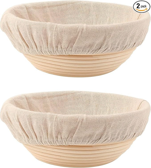 Round Bread Dough Proofing Rising Rattan Baskets(Set of 2, 9 inch) w/Liners for Home Sourdough