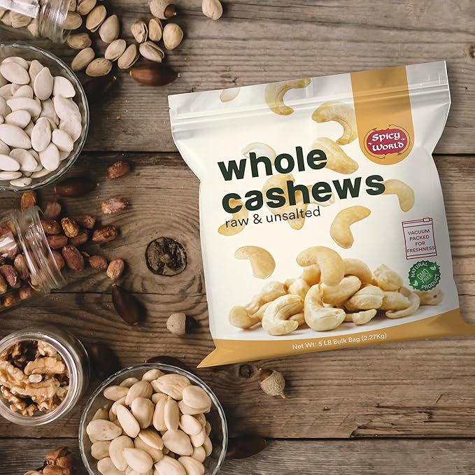Spicy World Raw Cashews 5 LB (80oz) Bulk - Non-GMO, Gluten Free, Peanut Free, No Additives