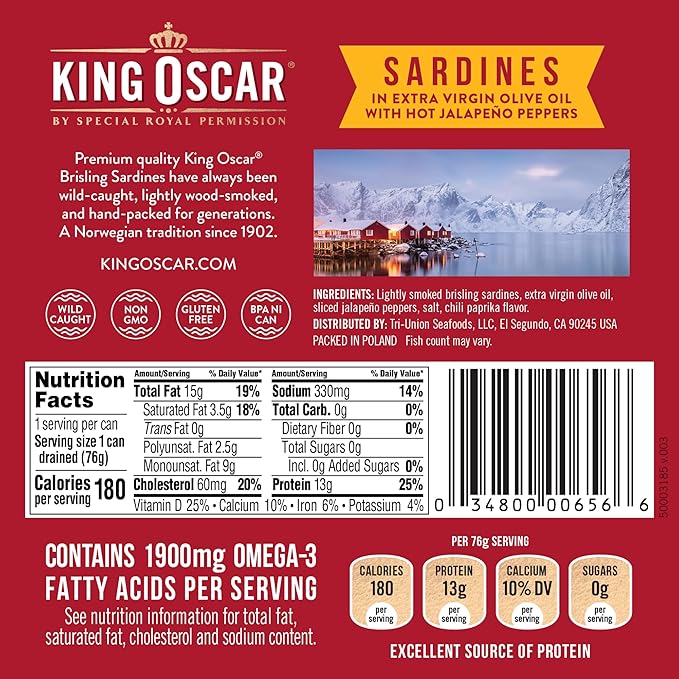 King Oscar Wild Caught Sardines in Extra Virgin Olive Oil, Hot Jalapeno Peppers, 3.75 Ounce (Pack