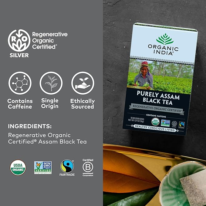 Organic India Purely Assam Black Tea - Caffeinated Herbal Tea Bags with Natural Assam Leaves, Enjoy