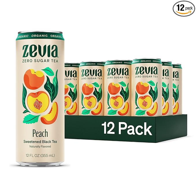 Zevia Zero Sugar Tea, Black Tea with Peach, 12 oz Cans (12-Pack) – Naturally Sweetened, Zero