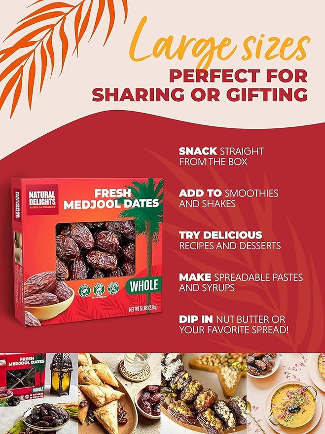 Natural Delights Medjool Dates Whole - Non-GMO Verified Fruit, Good Source of Fiber & Potassium