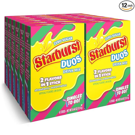 Starburst Duos Singles To Go Powdered Drink Mix, Strawberry Watermelon, 12 Boxes with 6 Packets