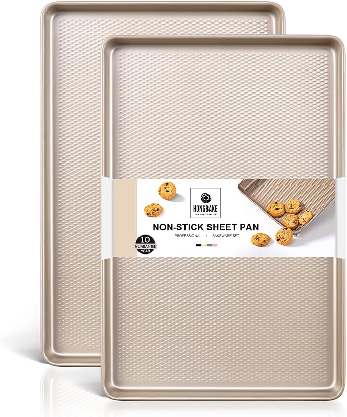 HONGBAKE 2 Pack Jelly Roll Pan 15x10, Commercial Cookie Sheets for Baking with Diamond Texture