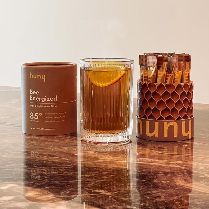 HUNY Bee Energized with Shilajit Honey Sticks | 85+ Trace Minerals for Clean Energy, Focus & Immune