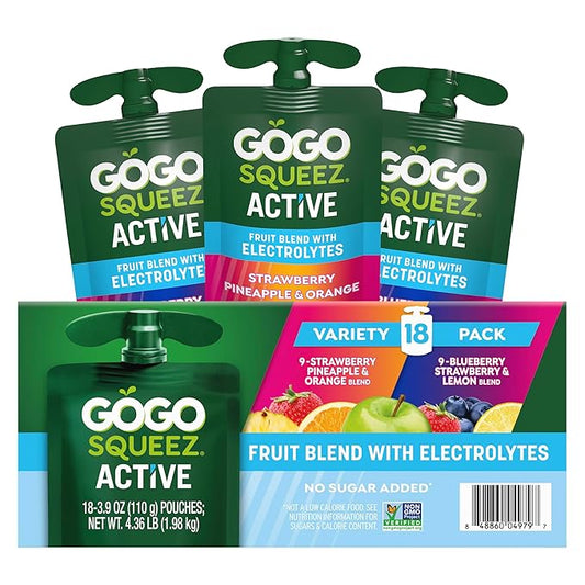 GoGo squeeZ Active Fruit Blend with Electrolytes | 18-Count Variety Pack | Blueberry Strawberry