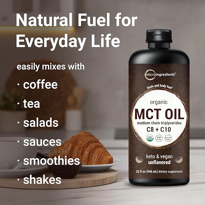 MCT Oil Organic, 32 fl oz |100% Virgin Coconut with C8 + C10 Fatty Acids | Natural Fuel for Brain