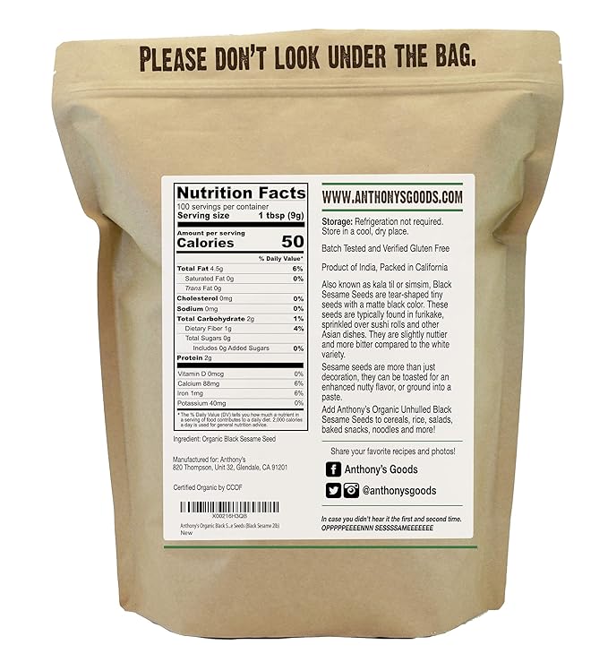 Anthony's Organic Black Sesame Seeds, 2 lb, Raw, Unhulled, Batch Tested & Verified Gluten Free