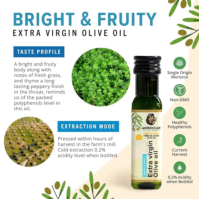 MOROCCAN OLIVE GROVE - Bright & Fruity - Premium Desert Extra Virgin Cold Extracted Olive Oil, 100%