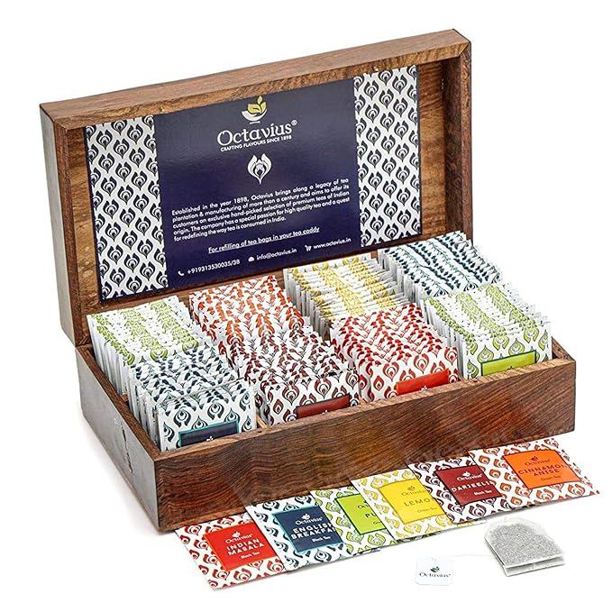Octavius Gift's Select - Assorted Tea in Wooden Box | 6 Flavors, 120 Tea Bags | Black & Green | Tea