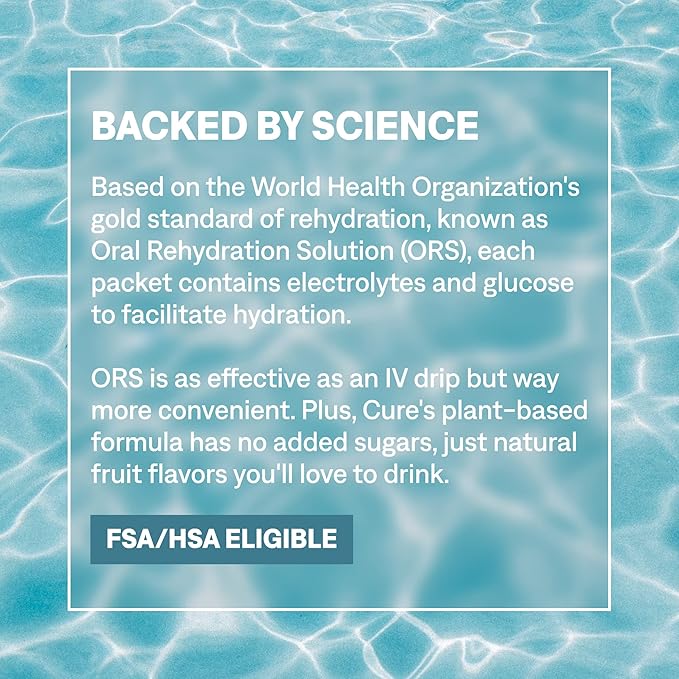 Cure Hydration | Plant-Based Electrolyte Drink Mix | No Added Sugar | FSA-HSA | Dehydration Relief