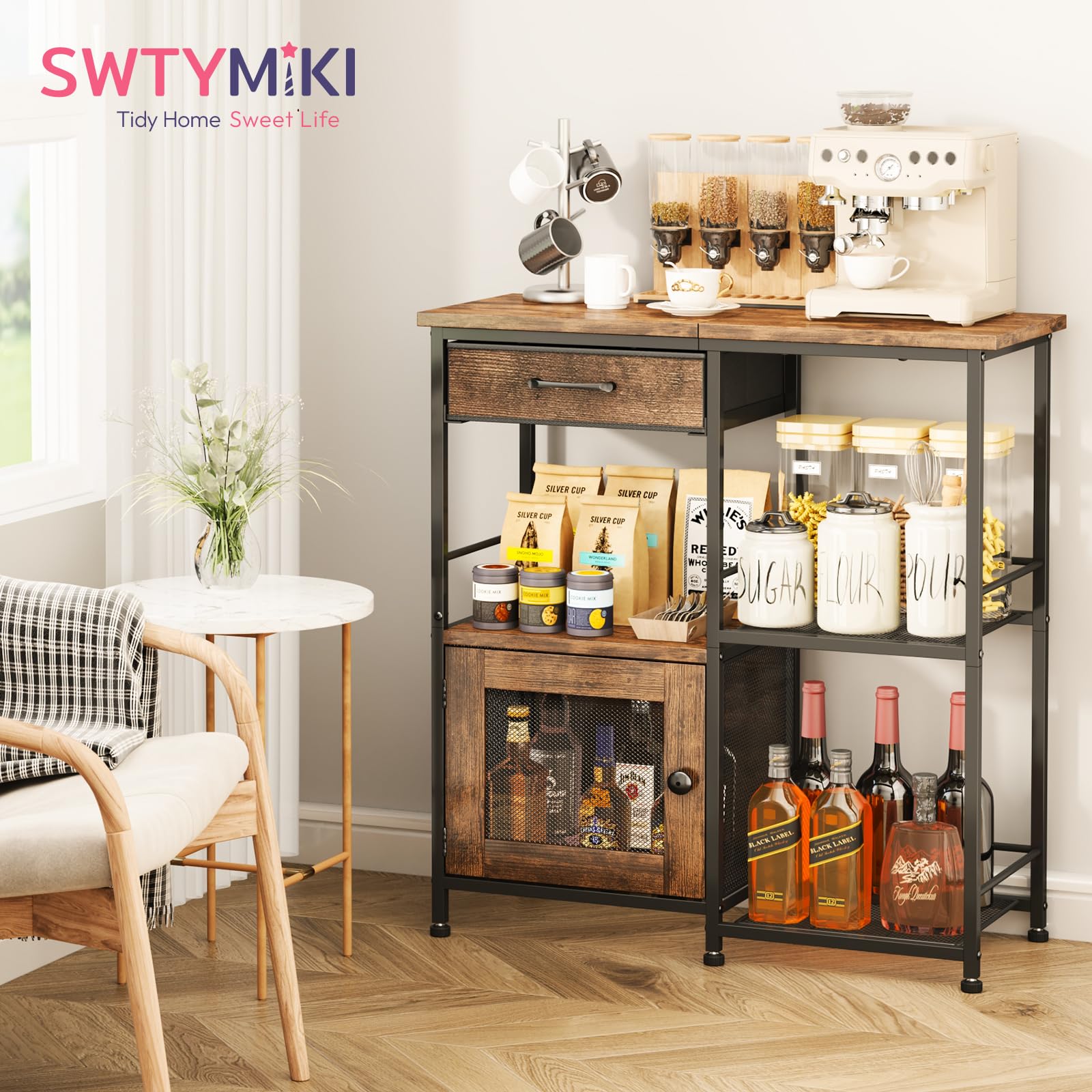 SWTYMIKI Coffee Bar Cabinet for Home - Farmhouse Coffee Stand Station Multi-Purpose Buffet