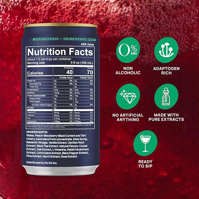 De Soi Purple Lune Mocktails NA Drinks 8 fl oz (12-pack) - Adaptogen Drink, Sparkling Drink with