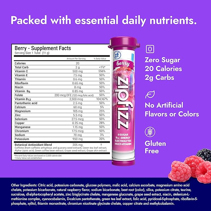 Zipfizz Daily Energy Drink Powder, Berry, 20 Pack | 3-in-1 Sustained Energy, Rapid Hydration, and
