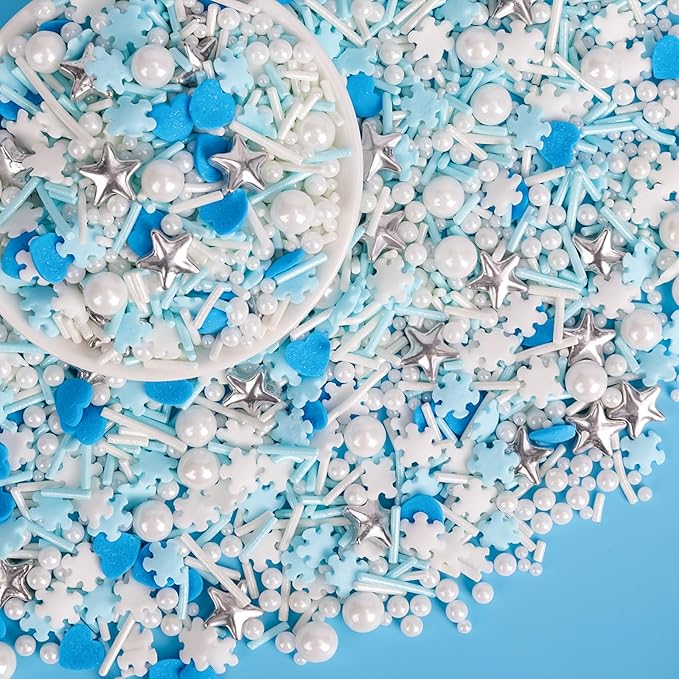 Edible Frozen Sprinkles ,Blue Heart White Snowflake Silver Star Pearl Jimmies