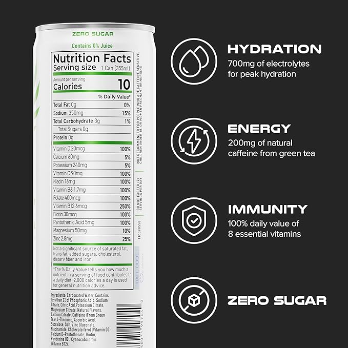 PHX Hydration Energy Drink - 700mg Electrolytes, 200mg Natural Green Tea Caffeine, 100% Daily Value
